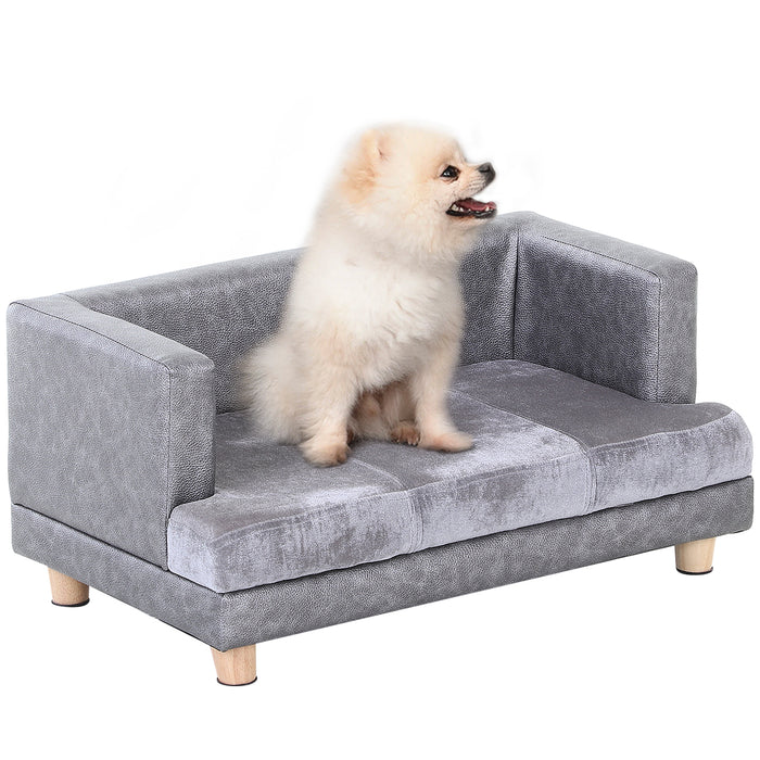 Elevated Dog Sofa with Soft Cushion - PU Covered Pet Lounger for Small Dogs & Cats - Anti-Slip Legs Grey Couch Bed for Comfort and Style