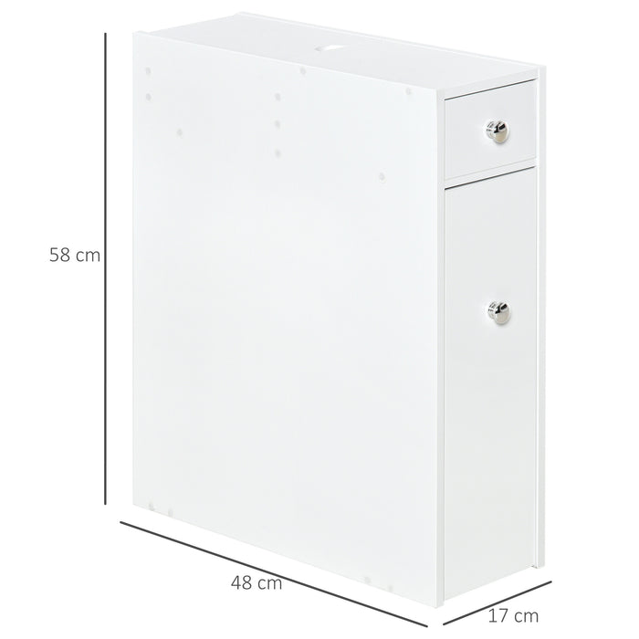 White Slimline Bathroom Storage Cabinet - Space-Saving Bath Organizer with Drawers - Ideal for Toiletries and Linen Management