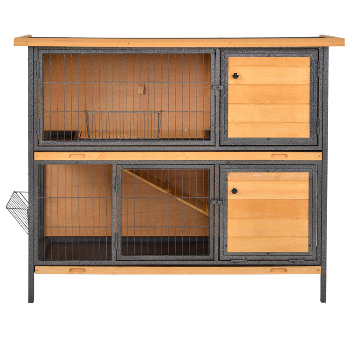 2-Floor Wooden Guinea Pig Hutch with Metal Frame - Bunny Cage with Slide-Out Tray, Feeding Trough, Ramp & Lockable Door - Easy Access Openable Roof for Small Pet Comfort & Security