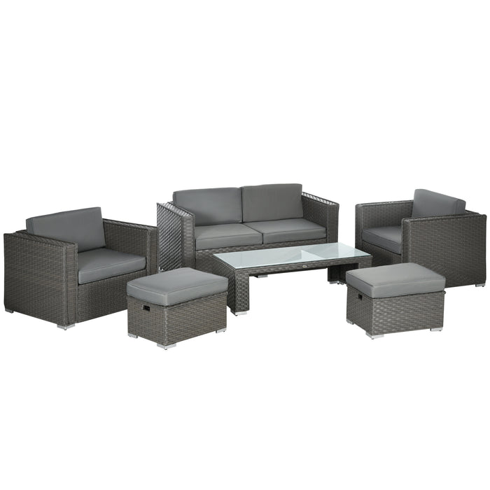 6PC Rattan Garden Sofa Set - Outdoor Patio Furniture with Table, Loveseat, Stools & Ottoman, Wicker Weave, Aluminium Frame - Perfect for Conservatory and Lounging, Grey