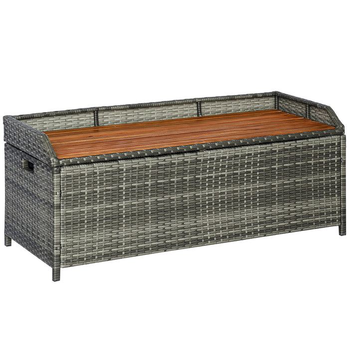 Outdoor Garden Bench with Storage - PE Rattan Wicker Patio Deck Box with Natural Wood Lid - Ideal for Poolside Tools and Accessories Organization in Mixed Grey