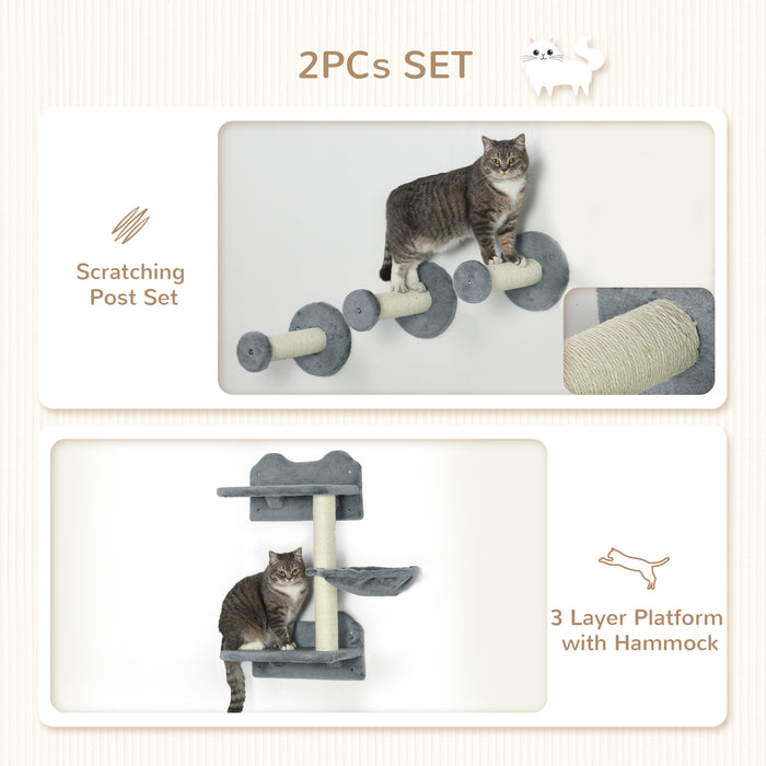 Cat Scratcher Haven - 4-Piece Wall-Mounted Cat Shelf with Scratching Post, Indoor Cat Tree - Perfect Climbing & Lounging Solution for Felines in Grey