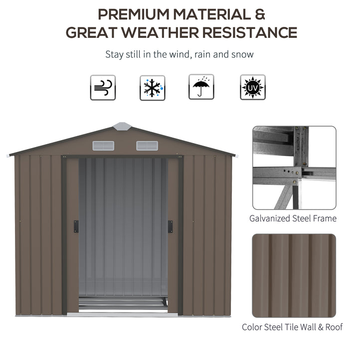 Extra Large Metal Garden Shed - 7ft x 4ft Lockable Storage with Foundation, Patio Roof, Tool Building - Secure Outdoor Organizer for Lawn Equipment, Brown