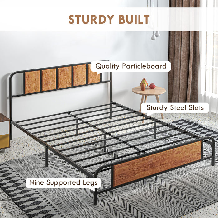 King Size Industrial Bed Frame with Headboard and Footboard - Sturdy Steel Slat Support with 31cm Clearance for Storage, 160x207cm - Ideal for Bedroom Organization and Comfort