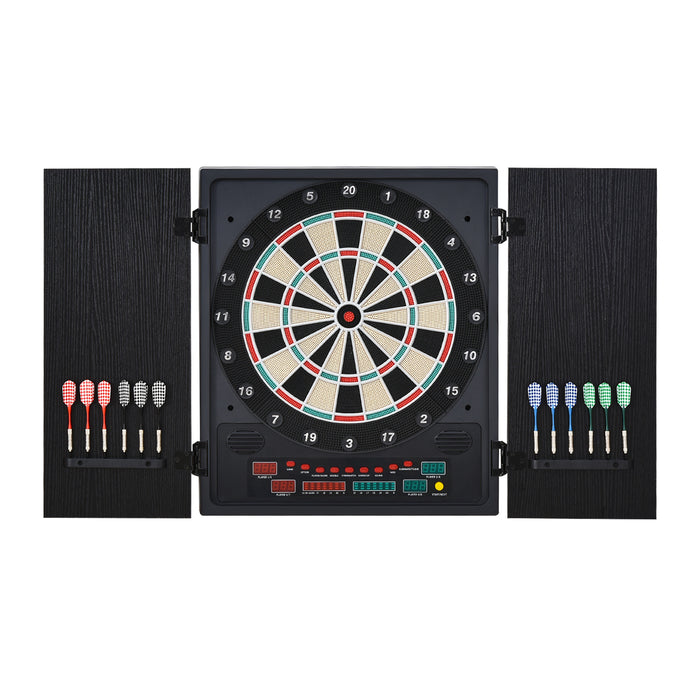 Electronic Dartboard with LED Scoreboard - Includes 12 Darts, 30 Heads, and Side Storage Cabinet - Classic Family Game for Home Entertainment in Black & White