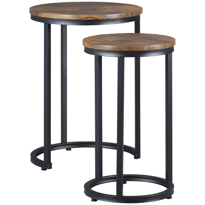 Industrial Round Nesting Side Tables Set of 2 - Rustic Wood Grain Top with Sturdy Metal Frame - Space-Saving Design for Living Room