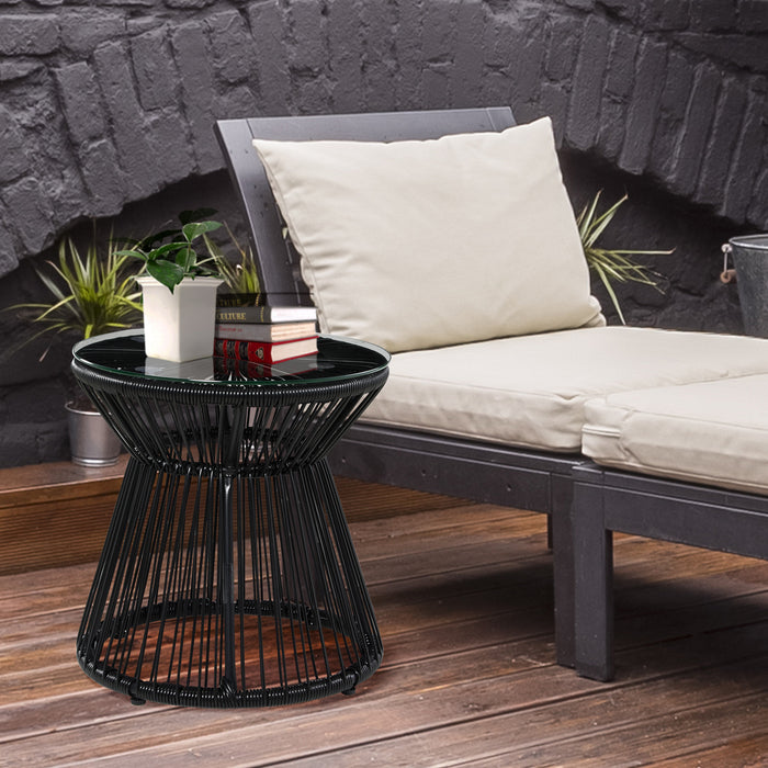 Rattan Round End Table with Glass Top - Hollow Drum Design Side & Coffee Table for Outdoor Spaces - Ideal for Patio, Garden, and Balcony Use