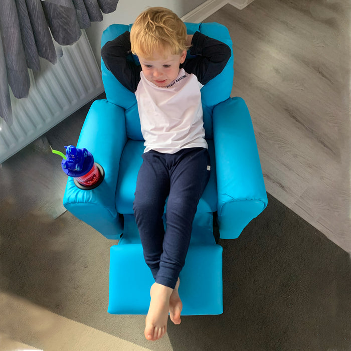 Kids' Comfy Recliner Chair with Built-in Cup Holder - Plush Blue Seating for Children - Perfect for Relaxing and Reading