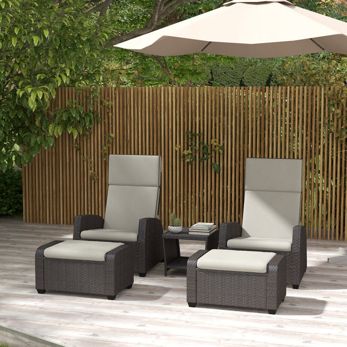 5-Piece Rattan Patio Set - Reclining Chairs, Footstools & Coffee Table with Cushions - Ideal for Outdoor Garden Comfort, Brown