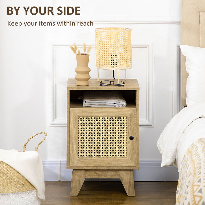 Natural Rattan-Styled Bedside Table - Compact Side End Table with Storage Shelf and Cupboard, 39x35x60 cm - Ideal for Bedroom Organization and Charm