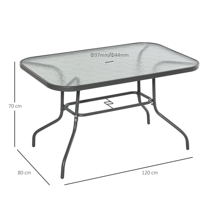 Curved Metal Framed Glass Top Dining Table - Outdoor Garden and Balcony Furniture with Parasol Hole - Sturdy Grey Table for Family and Friends Entertainment