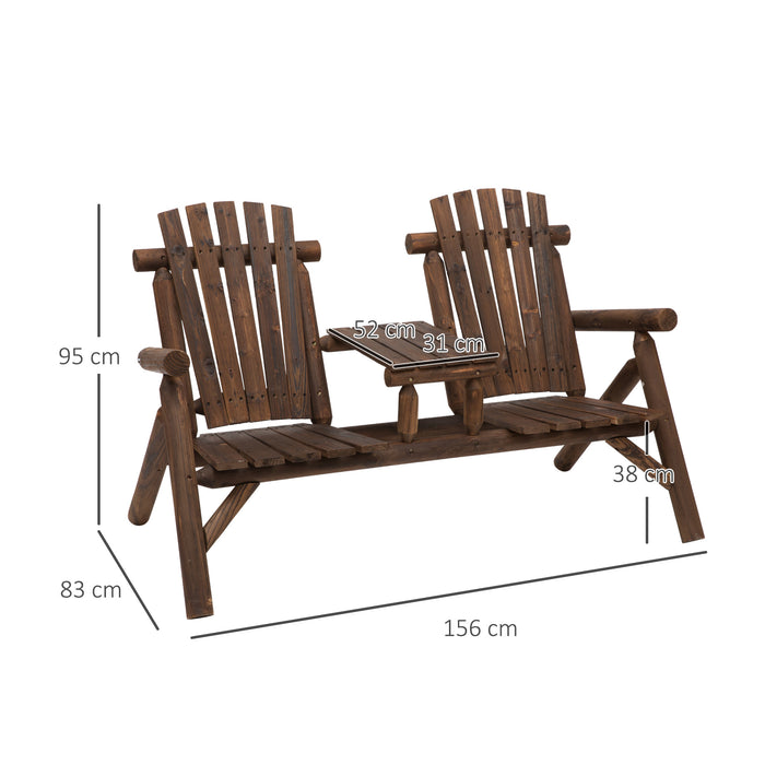 Outdoor Wooden Loveseat Bench - 2-Seat Patio Chair with Integrated Center Coffee Table, Carbonized Finish - Ideal for Garden Relaxation & Backyard Lounging