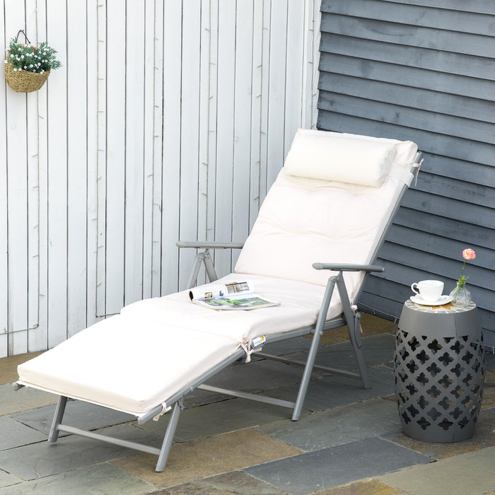 Garden Sun Lounger with Pillow - Adjustable Texteline Recliner, Foldable and Reclining - Ideal for Patio Comfort and Relaxation, Cream White