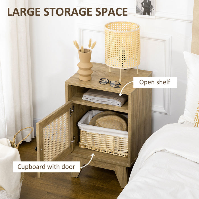 Rattan-Inspired Bedside Table - Compact Side End Table with Storage Shelf and Cupboard - Space-Saving Design for Bedroom Comfort