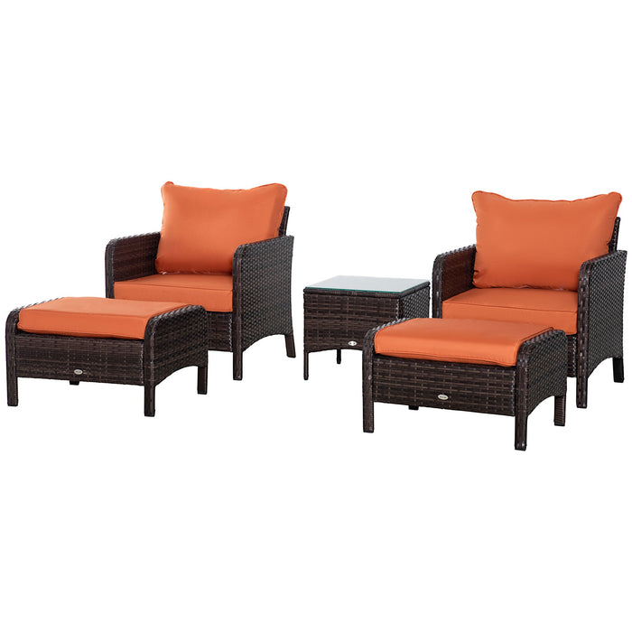 5-Piece PE Rattan Outdoor Furniture Set - Includes 2 Wicker Armchairs, 2 Stools, Glass Top Table with Comfortable Cushions - Elegant Patio Conversational Set for Garden and Backyard