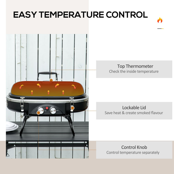 Portable Foldable Gas BBQ Grill with 2 Burners and Lid - Compact Tabletop Barbecue with Piezo Ignition and Built-In Thermometer - Ideal for Camping, Picnics, and Outdoor Cooking