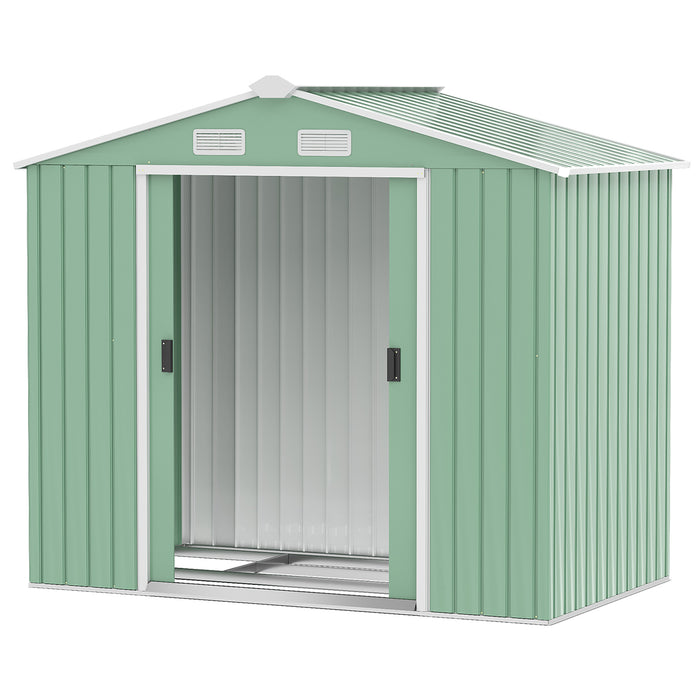 Large Metal Storage Shed 7ft x 4ft with Lockable Doors - Patio Garden Tool Organizer with Roof, Foundation, Outdoor Storage Box - Ideal for Equipment, Furniture, Light Green