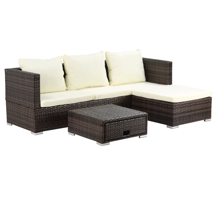 4-Seater Rattan Garden Furniture Set - Wicker Sofa Storage with Coffee Table, Cushioned Brown Weave - Ideal for Conservatory & Outdoor Lounging