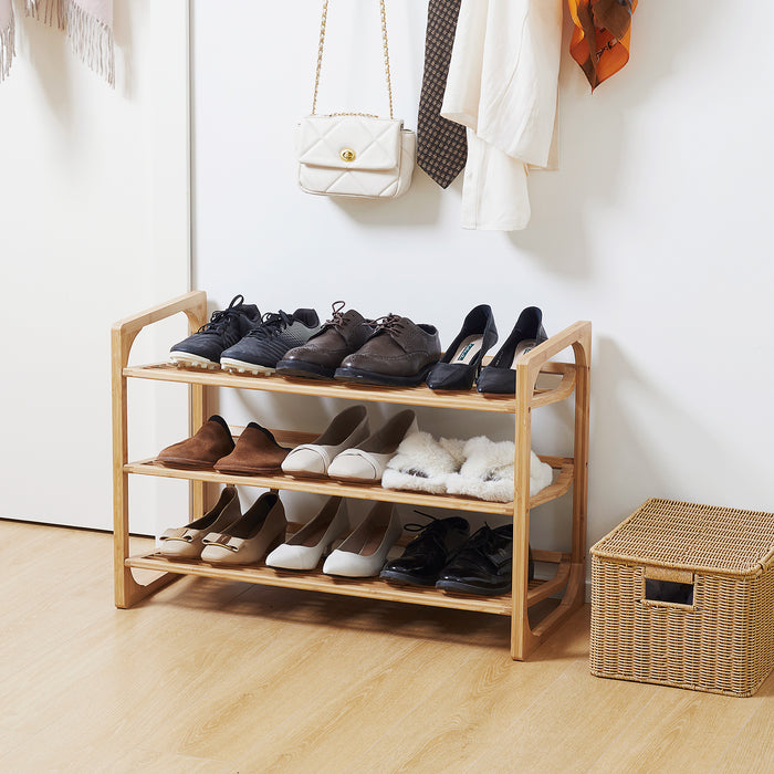 Bamboo 3-Tier Shoe Rack - Slatted Shelves Storage Organizer, Holds 9 Pairs - Space-Saving Stand for Entryway and Closet Organization