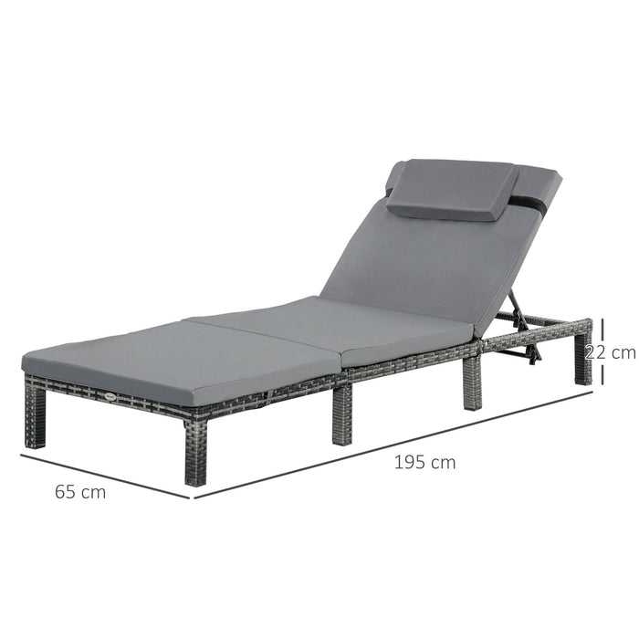 Garden Rattan Sun Lounger - Outdoor Patio Recliner with Fire-Resistant Sponge, Grey - Ideal for Relaxation and Sunbathing