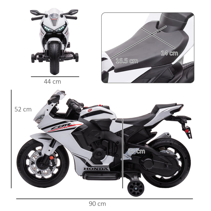 Electric Ride On Motorcycle with Training Wheels - 6V Battery Powered Motorbike, Headlights & Music Features - Ideal for Kids Aged 3-5, Sleek White Design