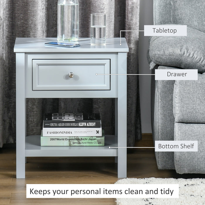 Classic Grey Nightstand with Drawer and Open Shelf - Sturdy Bedside End Table with Metal Handle - Elegant Bedroom Storage Solution