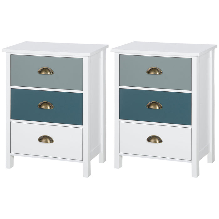 Chic Grey and Blue Nightstands - Set of 2 Bedside Tables with 3 Drawers and Metal Handles - Stylish Storage Solution for Bedroom and Living Room