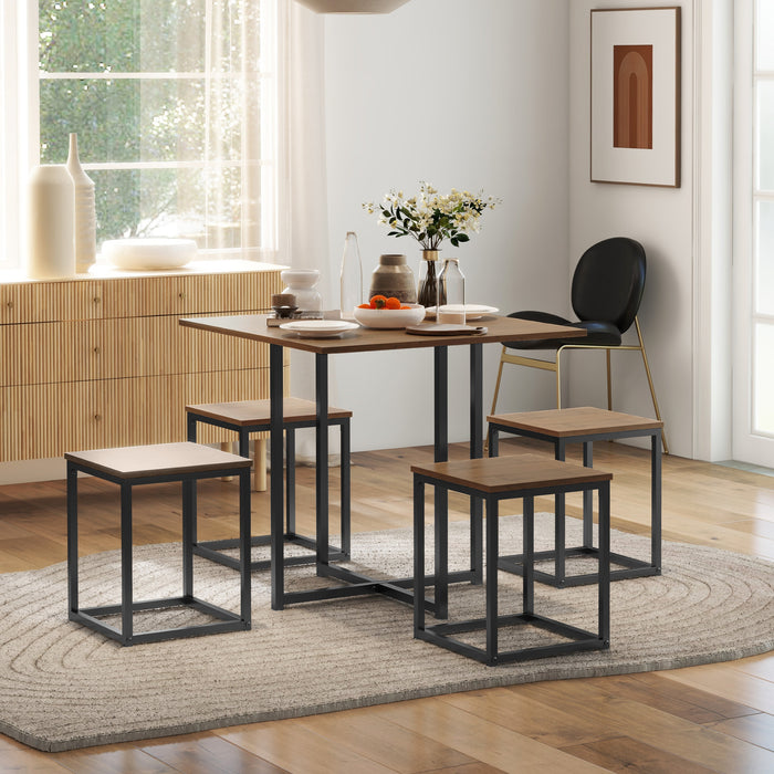 Industrial 5-Piece Table and Stool Dining Set - Stylish Square Design with Metal Frame in Cool Black and Brown - Compact Seating Solution for Home Dining Spaces