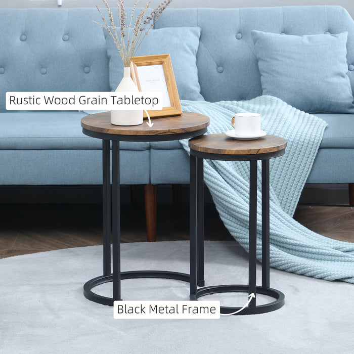 Industrial Round Nesting Side Tables Set of 2 - Rustic Wood Grain Top with Sturdy Metal Frame - Space-Saving Design for Living Room