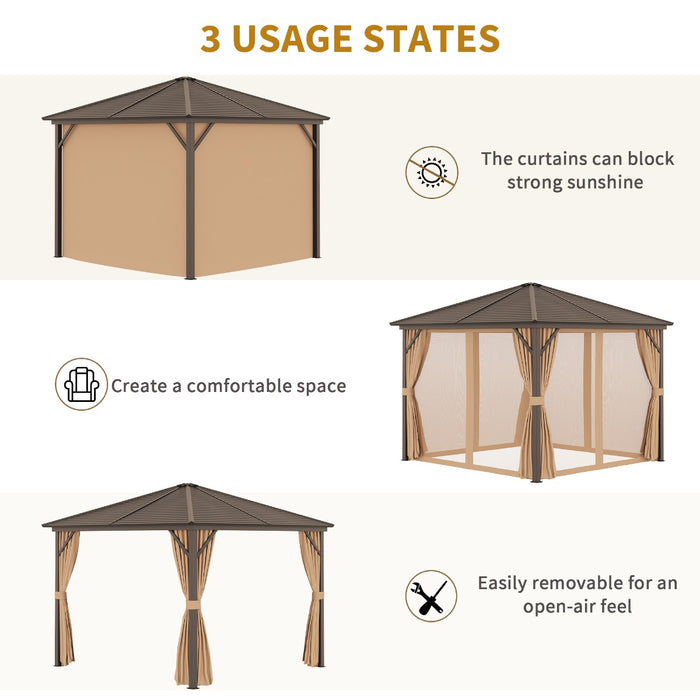 Aluminium Patio Gazebo 3x3 Meters - Hardtop Metal Roof Canopy with Mesh Curtains & Side Walls, Brown - Elegant Outdoor Shelter for Garden Parties & Events