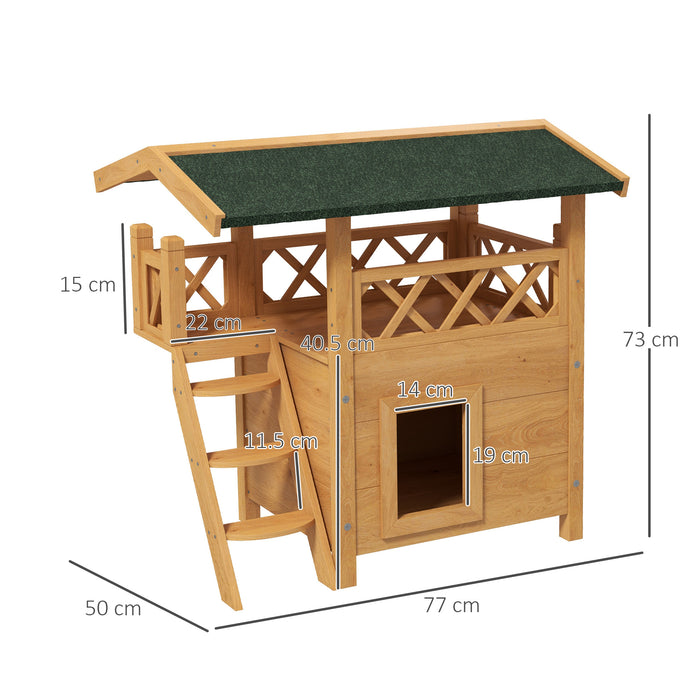 Outdoor Cat Shelter with Elevated Balcony and Stairs - Weatherproof Wooden Design, 77x50x73 cm - Perfect Hideaway for Cats in Gardens or Backyards