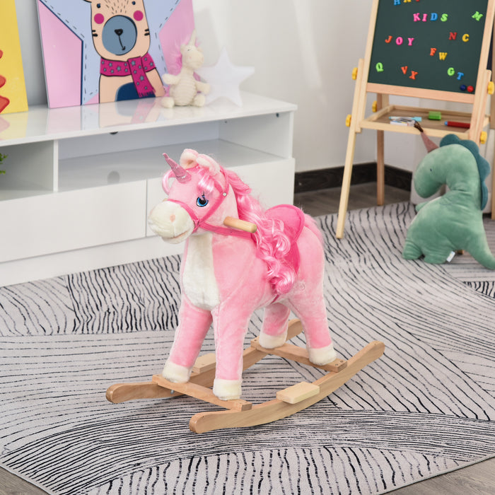 Plush Unicorn Rocking Horse - Soft Pink Ride-On Toy with Sound Effects - Entertaining and Soothing Play for Children