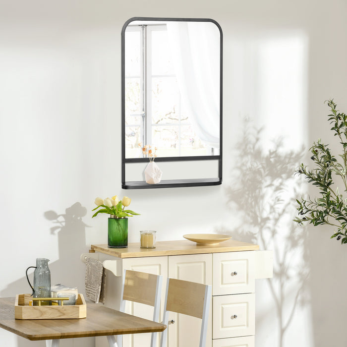 Modern Black Square Wall Mirror with Storage Shelf - 86x53cm Reflective Space Saver for Bedroom & Living Room - Stylish Decor with Functional Design