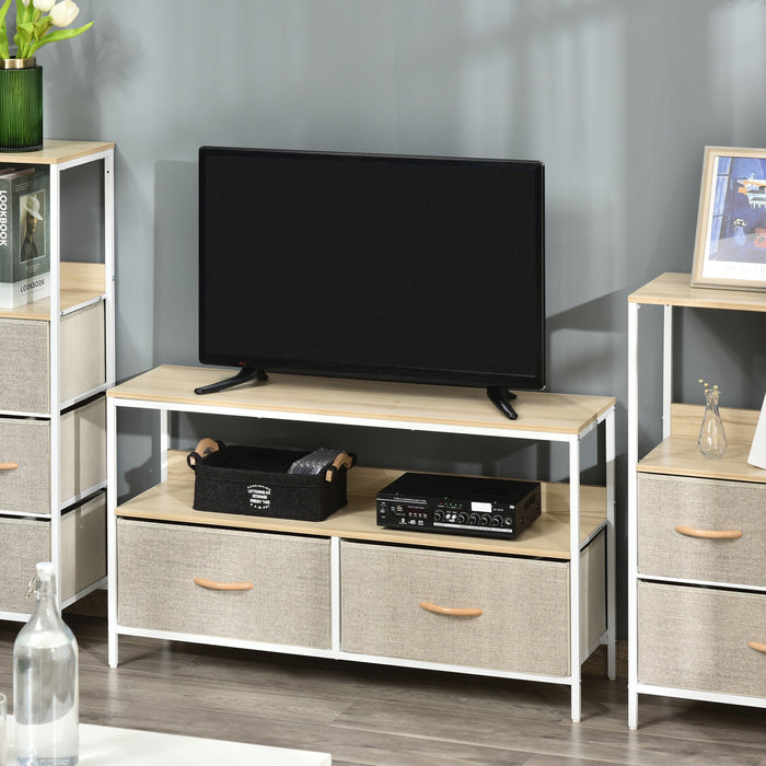 Maple Wood Effect TV Console Unit - Entertainment Center with Foldable Linen Drawers and Shelving - Stylish Storage Solution for Living Rooms