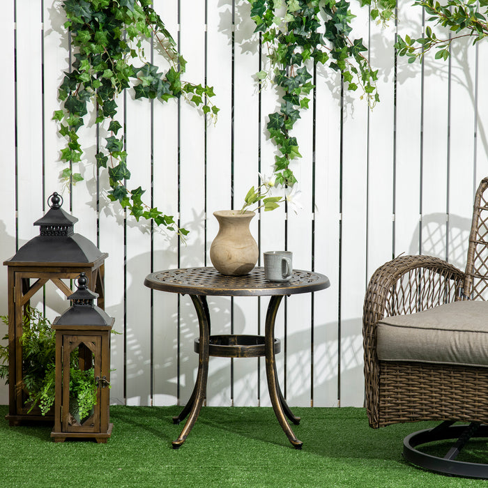 Industrial Round Side Table - Cast Aluminum Hollow Top, Garden & Patio-Friendly - Elegant Bronze Finish for Outdoor Living Spaces