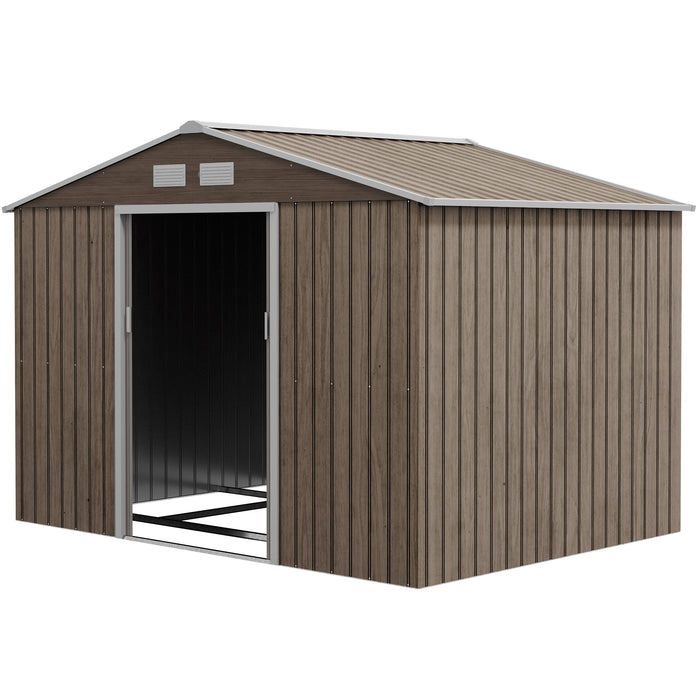 Metal Storage Shed 9x6 ft - Outdoor Garden Tool House with Ventilation, Foundation, Lockable Doors - Secure Brown Storage Solution for Tools and Equipment