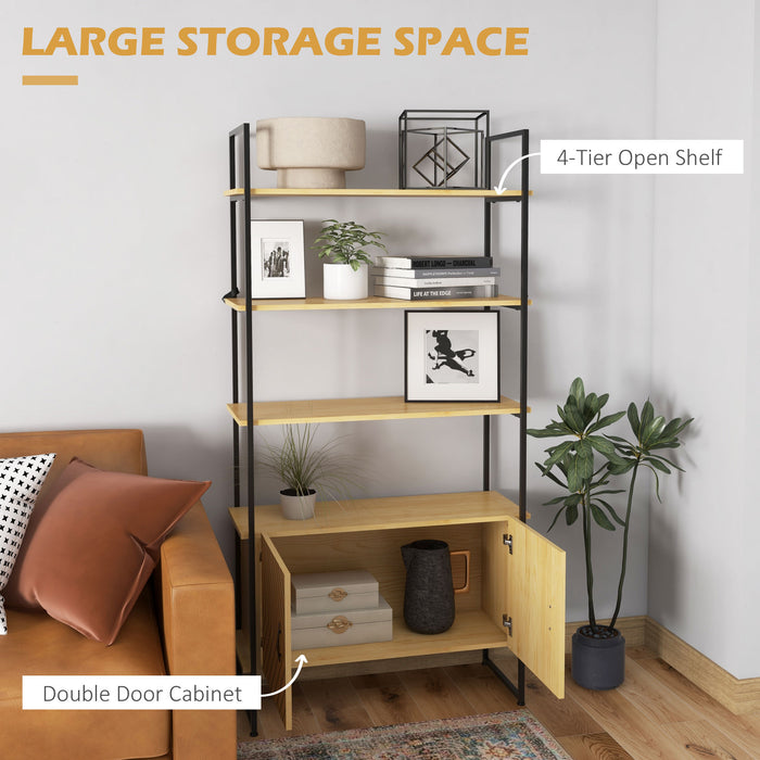 4-Tier Industrial Bookshelf with Cabinet - Oak-Toned Shelving Unit with Metal Frame and Double Doors - Versatile Storage for Living Room or Bedroom