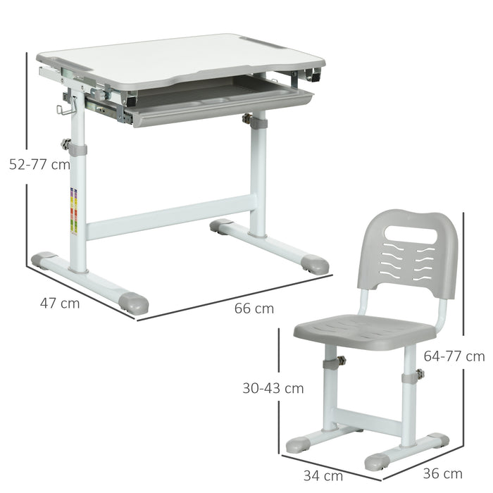 Adjustable Kids Desk & Chair Set - Ergonomic Student Writing and Study Table with Tilting Desktop, Grey - Ideal for Homework and Art Projects