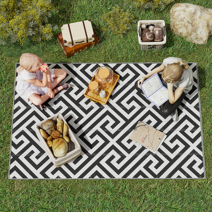 Outdoor Patio Rug - 121 x 182 cm Reversible Black & White Mat, Plastic Straw, Portable & Easy Clean - Ideal for RV Camping, Garden Deck Picnic, and Indoor Use
