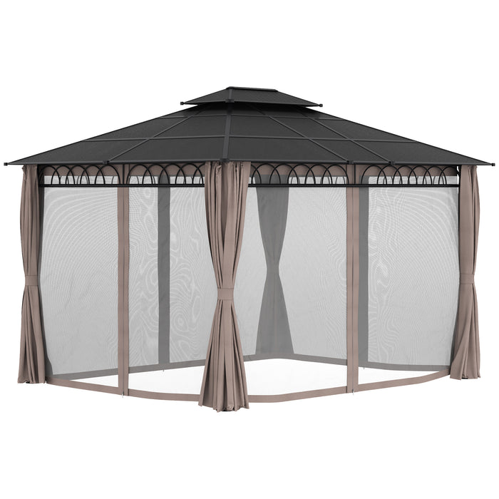 Outdoor Polycarbonate Gazebo 3.6x3m - Double Roof Hardtop Design with Nettings & Curtains - Elegant Shelter for Garden, Lawn, Patio Entertainment