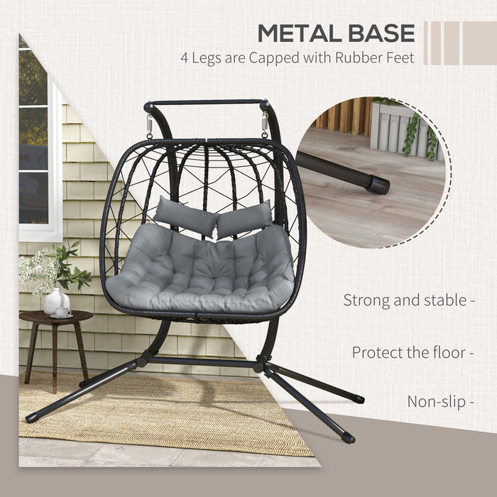 PE Rattan Outdoor Double Swing Chair with Metal Stand - Thick Padded Cushion and Headrest for Ultimate Comfort - Ideal Patio Hanging Seat for Couples or Friends