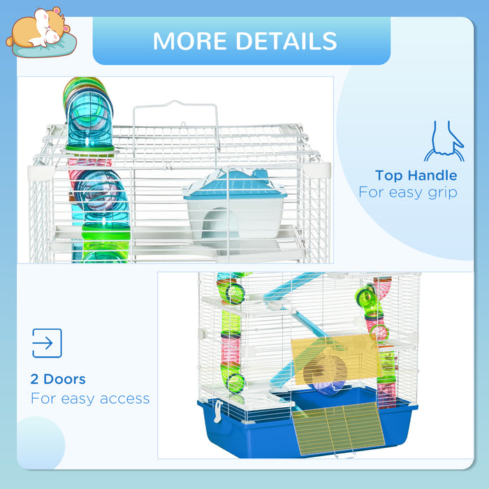 5-Level Gerbil Haven Cage - Spacious Multi-Storey Hamster Home with Tunnel Tubes, Water Bottle & Exercise Wheel - Ideal for Small Rodents with Ramps, 59x36x69 cm, Blue