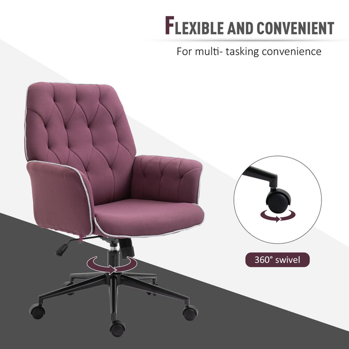 Ergonomic Linen Swivel Chair - Mid-Back Office Computer Chair with Adjustable Seat and Arms, Purple - Ideal for Desk-Centric Professionals