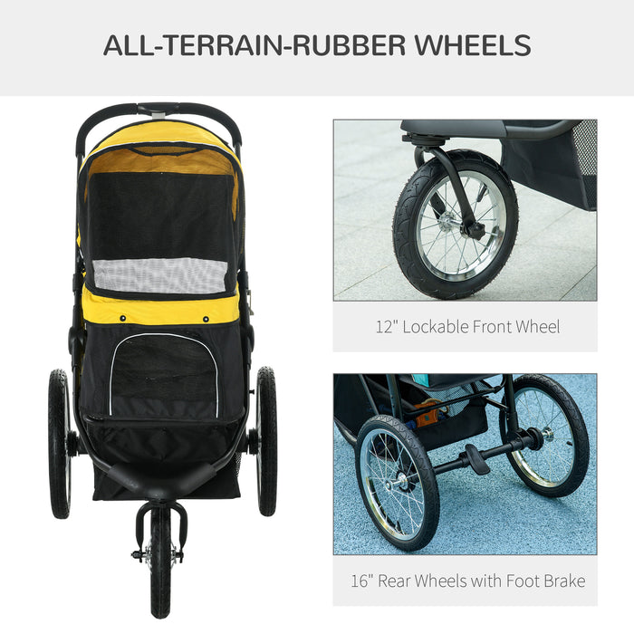 Foldable Pet Jogging Stroller - Medium & Small Dogs and Cats Pram with 3-Wheel Design & Adjustable Canopy in Yellow - Ideal for Pet Parents on the Go