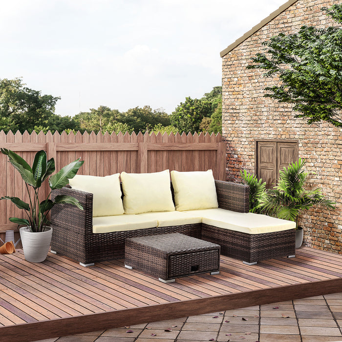 4-Seater Rattan Garden Furniture Set - Wicker Sofa Storage with Coffee Table, Cushioned Brown Weave - Ideal for Conservatory & Outdoor Lounging