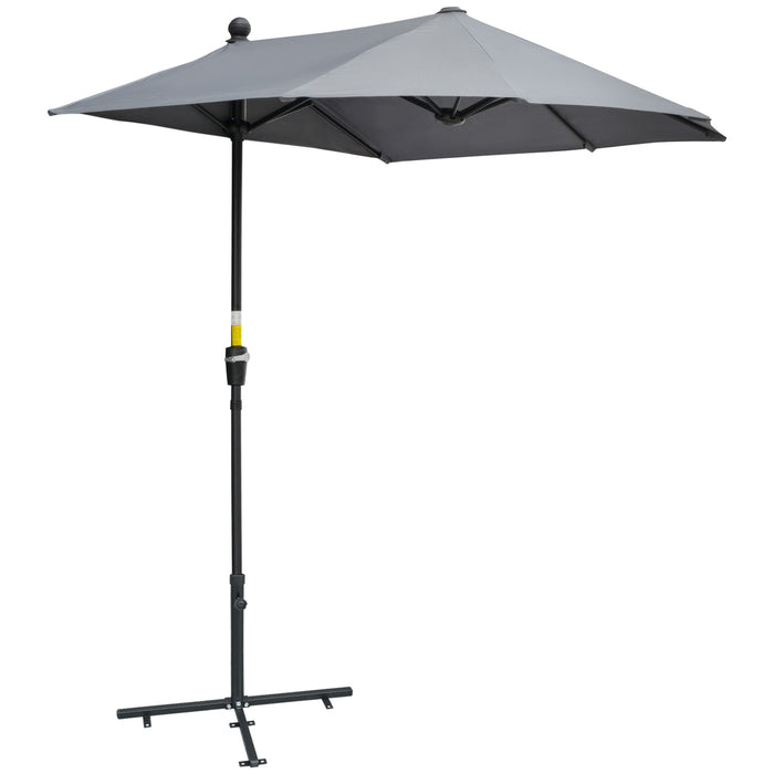 Half Parasol Market Umbrella - 2m Double-Sided Canopy with Crank Handle and Cross Base, Dark Grey - Ideal for Small Gardens and Balconies