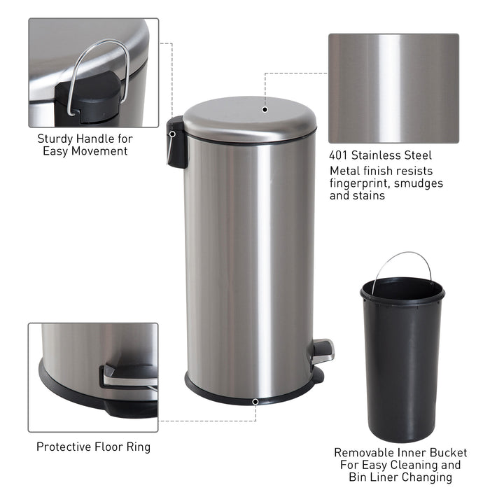 Stainless Steel 30L Foot Pedal Bin - Metal Waste Container with Lid for Kitchen - Hygienic Garbage Solution for Home Use