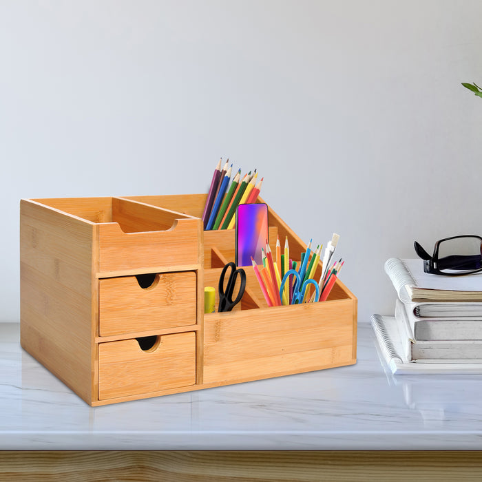 Multi-Function Wooden Organizer Caddy - Home Office Stationery Storage with 7 Compartments & 2 Drawers - Tidy Desk Solution for Supplies & Accessories