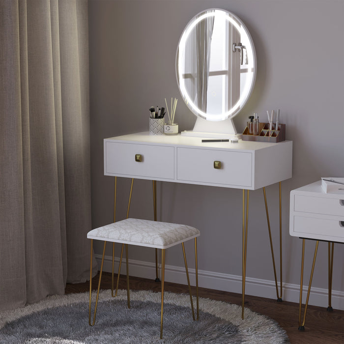 Vanity Makeup Desk with Illuminated Round Mirror - Elegant White Dressing Table Set with LED Light & 2 Storage Drawers - Includes Comfortable Cushioned Stool for Bedroom Décor