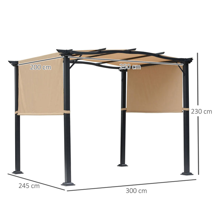 Retractable Pergola Gazebo with Dual Adjustable Canopies - Steel Frame, Khaki Overhead Sun Shade, 3x2.45x2.3 meters - Ideal for Garden and Backyard Comfort